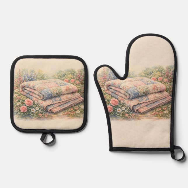 Ensemble De Gant De Cuisine Et De Manique Cottagecore Courtepoint Fleuri en Patchwork Aquare (Recto)