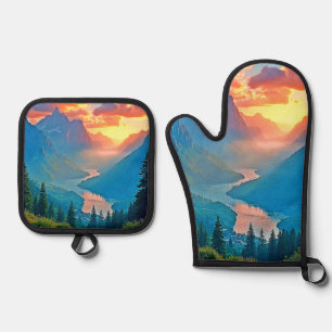 Ensemble De Gant De Cuisine Et De Manique Coucher de soleil en montagne : Art de la paix de 