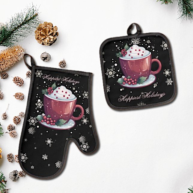 Ensemble De Gant De Cuisine Et De Manique Coupe de Noël de chocolat chaud (Christmas Cup of Hot Chocolate Oven Mitt Pot Holder Set)