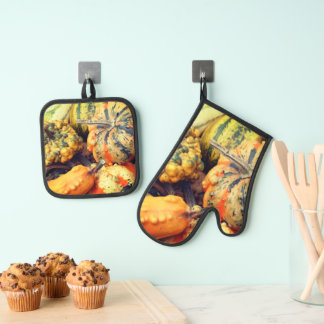 Ensemble De Gant De Cuisine Et De Manique Courges Fantaisies Colorées Gros Plan 