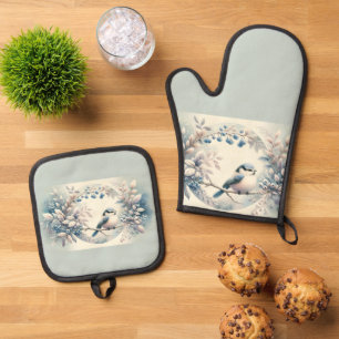 Ensemble De Gant De Cuisine Et De Manique Couronne de baies de merlebleu d'hiver