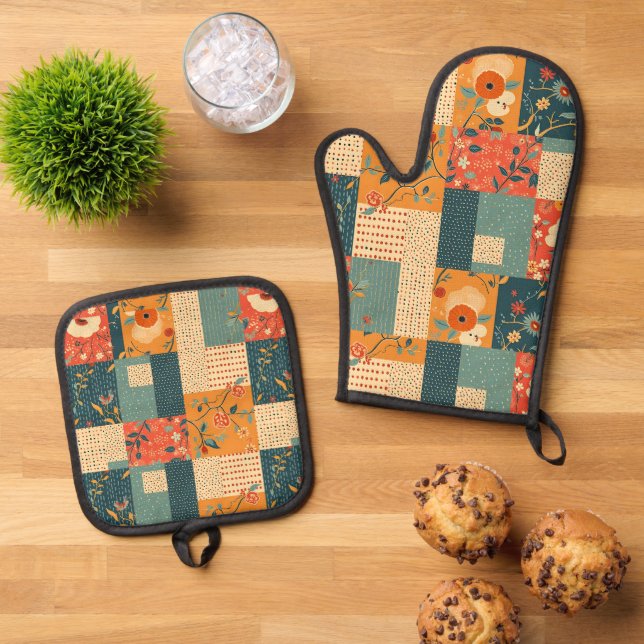 Ensemble De Gant De Cuisine Et De Manique Courtepoint-Rétro-Fleurs-Patchwork (De haut en bas)