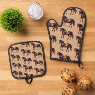 Ensemble De Gant De Cuisine Et De Manique Crème Brown Cheval Sud-Ouest Cowboy Cowgirl