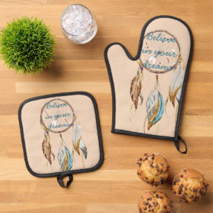 Ensemble De Gant De Cuisine Et De Manique Crème Brown Turquoise Plumes Blanches Dream Catche