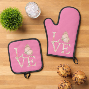 Ensemble De Gant De Cuisine Et De Manique Crème Pink Love Papillon Floral