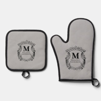 Ensemble De Gant De Cuisine Et De Manique Crête de monogramme gris élégant