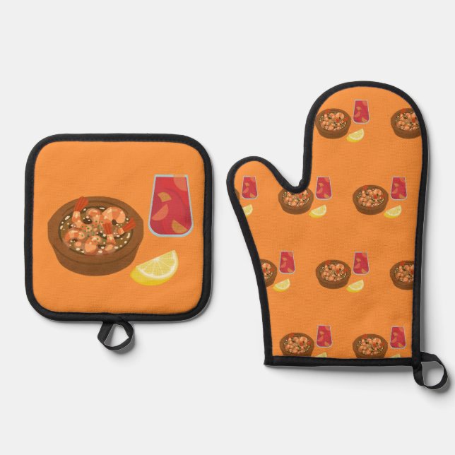 Ensemble De Gant De Cuisine Et De Manique Crevettes et Sangria (Recto)