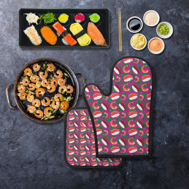 Ensemble De Gant De Cuisine Et De Manique Crevettes et sushis magenta (Créateur téléchargé)