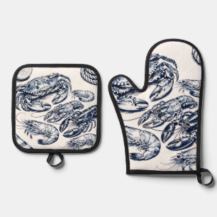 Ensemble De Gant De Cuisine Et De Manique Croquis de crustacés homard crabe nautique