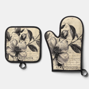 Ensemble De Gant De Cuisine Et De Manique Croquis floral rustique avec calligraphie - âge (8