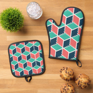 Ensemble De Gant De Cuisine Et De Manique Cube de couleur géométrique moderne four Mitt et P