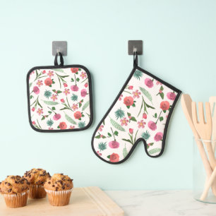 Ensemble De Gant De Cuisine Et De Manique Cuisine à accents floraux vintage Rose souple 3D