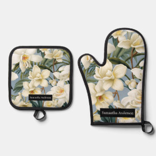 Ensemble De Gant De Cuisine Et De Manique Cuisine de Luxe : Orchidées Blanches Élégantes