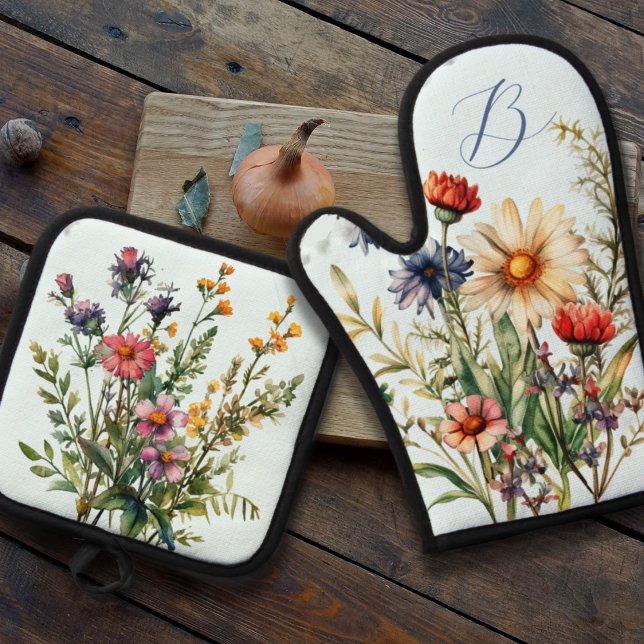 Ensemble De Gant De Cuisine Et De Manique Cuisine initiale Monogramme fleur sauvage (Créateur téléchargé)