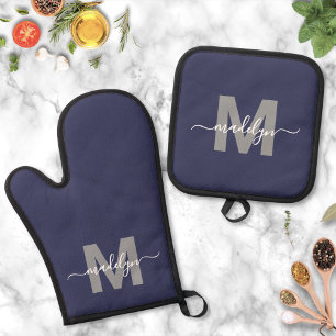 Ensemble De Gant De Cuisine Et De Manique Cuisine Monogramme Navy Blue