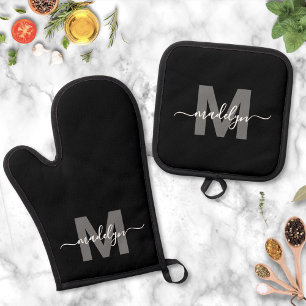 Ensemble De Gant De Cuisine Et De Manique Cuisine Noir Blanc Monogramme de Nom