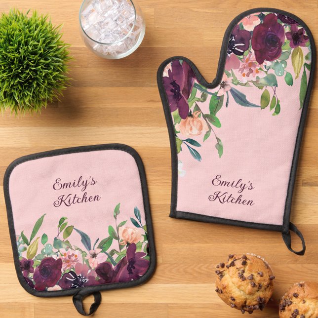 Ensemble De Gant De Cuisine Et De Manique Cuisine personnalisée Bourgogne rose Floral (Personalized Name Kitchen Burgundy & Blush Pink Floral Oven Mitt Set)