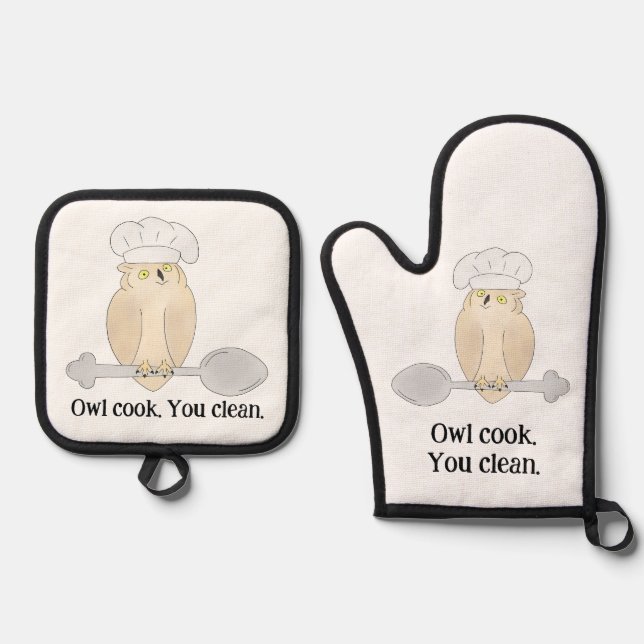 Ensemble De Gant De Cuisine Et De Manique Cuisinier Chouette Mignon (Recto)