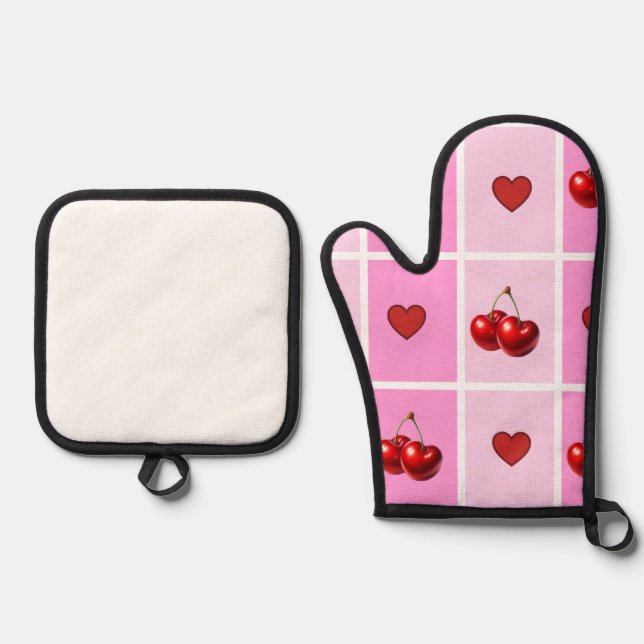 Ensemble De Gant De Cuisine Et De Manique Custom Cherry Heart Checkerboard Pattern (Recto)