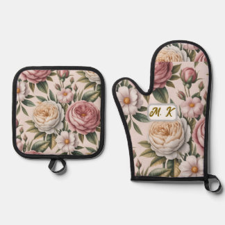 Ensemble De Gant De Cuisine Et De Manique Custom initials chic vintage roses cottagecore