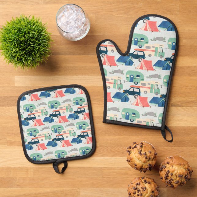 Ensemble De Gant De Cuisine Et De Manique Cute Camping amoureux motif carrelé (De haut en bas)