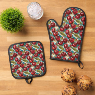Ensemble De Gant De Cuisine Et De Manique Cute cerise et bleu À damiers Motif plaid