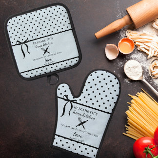 Ensemble De Gant De Cuisine Et De Manique Cute Chic Girl Light Bleu et Noir Polka Point