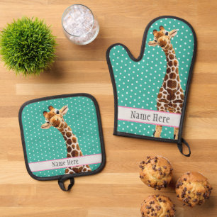 Ensemble De Gant De Cuisine Et De Manique Cute Giraffe Safari Animal Jungle Nom sauvage Turq