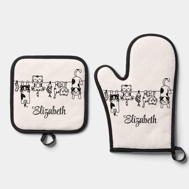 Ensemble De Gant De Cuisine Et De Manique Cute Hanging Kittens Nom personnalisé (Recto)