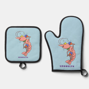 Ensemble De Gant De Cuisine Et De Manique Cute happy shrimp, dessin animé de crevettes