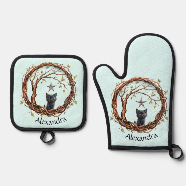 Ensemble De Gant De Cuisine Et De Manique Cute Kitten noir regarder une étoile (Recto)