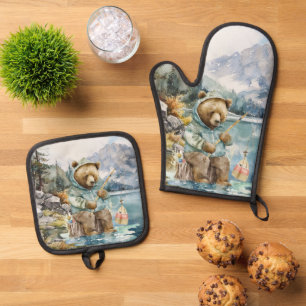 Ensemble De Gant De Cuisine Et De Manique Cute lac maison de pêche cabine cuisine ours