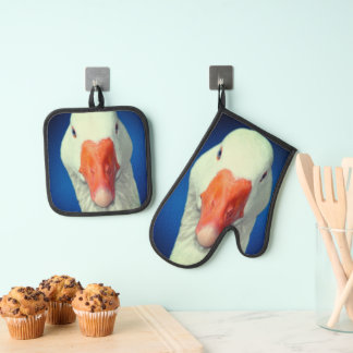 Ensemble De Gant De Cuisine Et De Manique Cute Oie blanche Visage animal de ferme