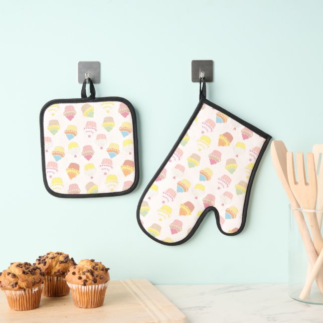 Ensemble De Gant De Cuisine Et De Manique Cute Pastel Cupcake Pattern (In situ (suspendu))