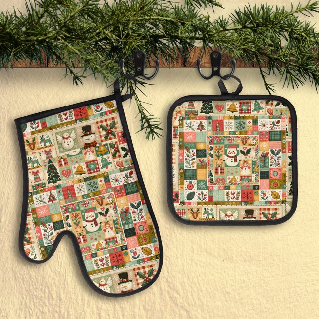 Ensemble De Gant De Cuisine Et De Manique Cute Quilt Patchwork Christmas (Oven mitt and pot holder set featuring a retro quilt or patchwork design with a Christmas theme)