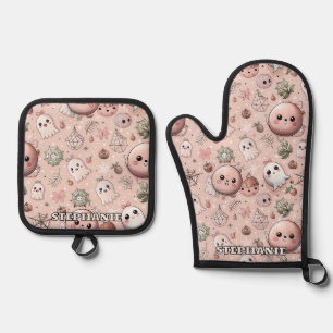 Ensemble De Gant De Cuisine Et De Manique Cute rose Fantôme & Pastel Halloween sans couture