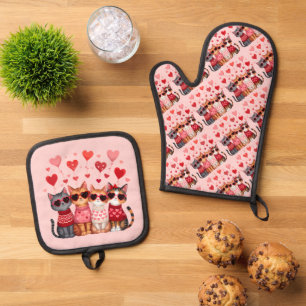 Ensemble De Gant De Cuisine Et De Manique Cute Valentine Chats en Lunettes de soleil Coeur