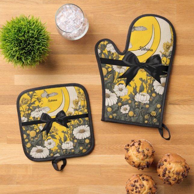 Ensemble De Gant De Cuisine Et De Manique Cute Yellow Black Bow Easter (De haut en bas)