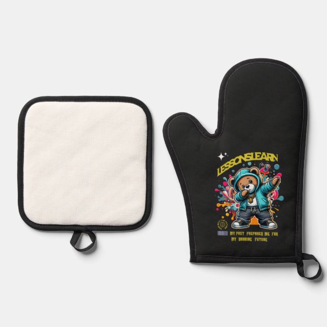 ENSEMBLE DE GANT DE CUISINE ET DE MANIQUE DABBING FUTURE LESSONS LEARN POT HOLDER  (Recto)