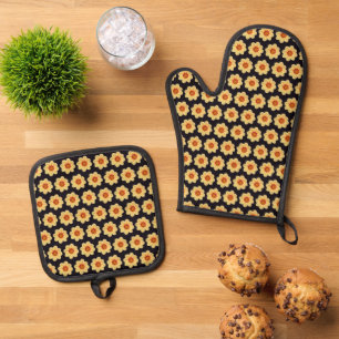 Ensemble De Gant De Cuisine Et De Manique Dahlia jaune motif floral sur noir
