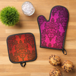 Ensemble De Gant De Cuisine Et De Manique Damassé Bohème motif rose et rouge vibrant