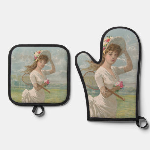 Ensemble De Gant De Cuisine Et De Manique Dame de tennis victorienne avec chapeau à fleurs A