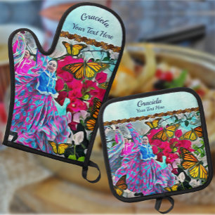 Ensemble De Gant De Cuisine Et De Manique Danse avec Fleurs et Papillons PV01
