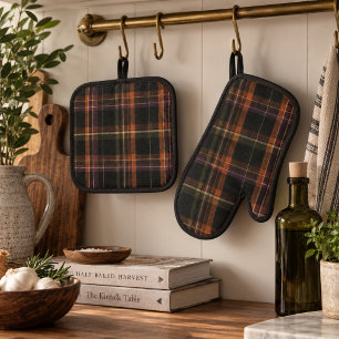 Ensemble De Gant De Cuisine Et De Manique Dark Cottagecore Plaid Noir Rouille Automne