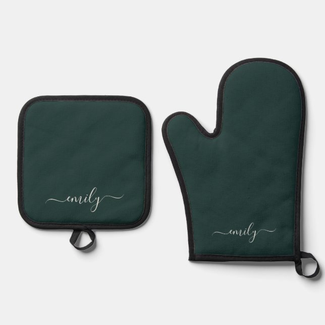 Ensemble De Gant De Cuisine Et De Manique Dark Green Modern Script Nom du monogramme (Recto)