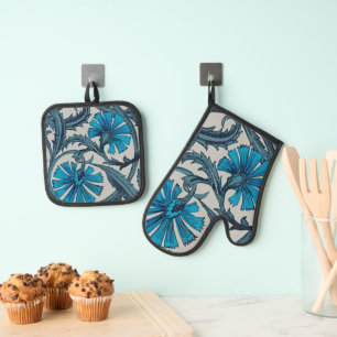 Ensemble De Gant De Cuisine Et De Manique Décor de carreaux rustique art floral antique bleu