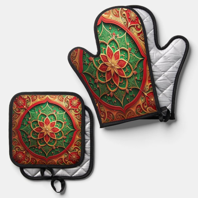 Ensemble De Gant De Cuisine Et De Manique Décoratif Rouge Vert (Recto/Verso)