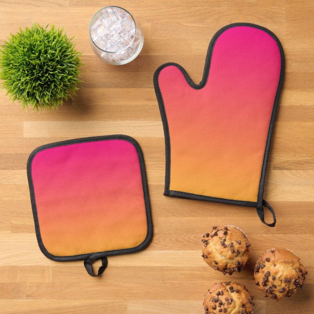 Ensemble De Gant De Cuisine Et De Manique dégradé rose et orange (De haut en bas)