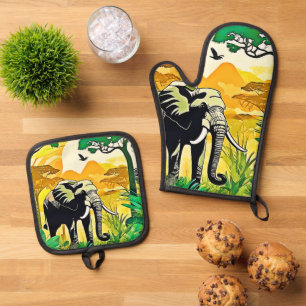 Ensemble De Gant De Cuisine Et De Manique Design d'Art Eléphant de la Jungle africaine
