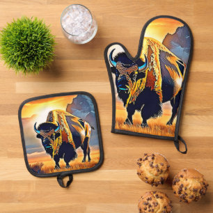 Ensemble De Gant De Cuisine Et De Manique Design d'art Sunset Mountain Bison